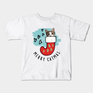 Cat in Christmas sock, Merry Catmas with heart, Merry Christmas with cat Kids T-Shirt